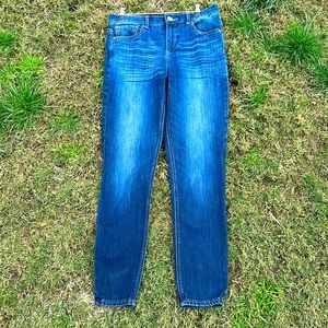 Express, high rise, blue denim, ankle legging jeans, size 4